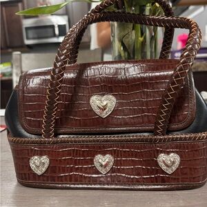 Brown Crocodile Pattern Handbag with Silver Heart Accents